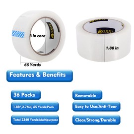 Clear Packing Tape Heavy Duty Refill Rolls Sealing Great for Packing Box Shipping and Moving Supplies Packaging 36 Rolls 1.88" x 65 Yards 3" Core 2.7 Mil Thick Adhesive