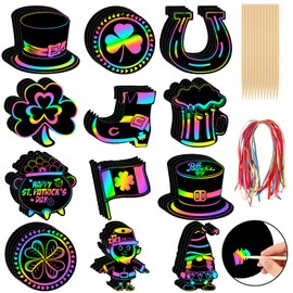 FEBSNOW 48 PCS St. Patrick’s Day Crafts for Kids, Rainbow Magic Scratch Art Shamrock Hanging Ornaments Scratch Paper Cards for St Patricks Day Party Favors Kids School Classroom DIY Crafts Decorations