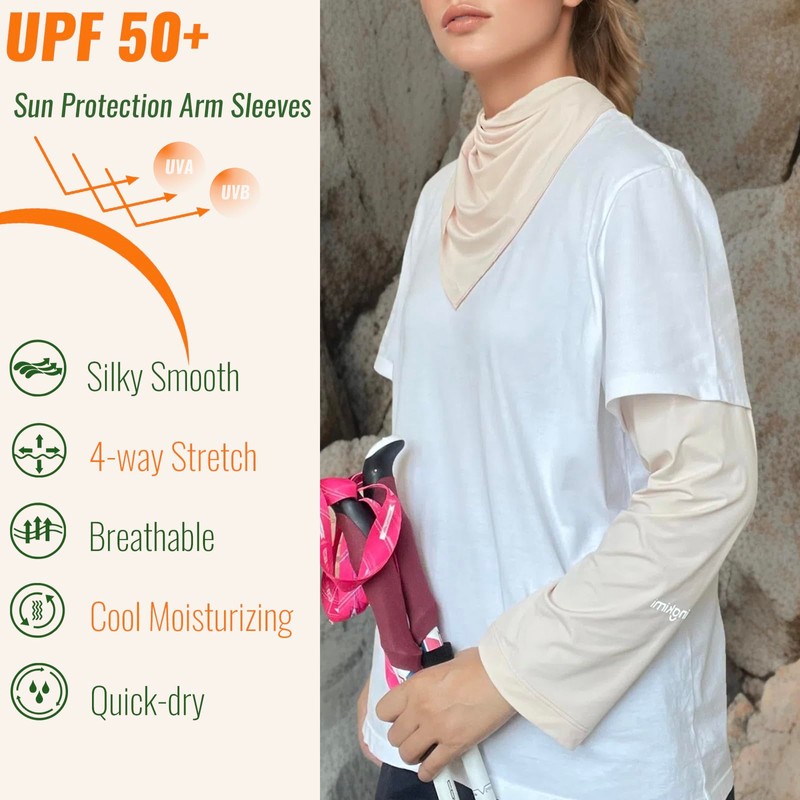 aningkimi UPF 50+ Sun Protection Arm Sleeves, White, Elastic Waistband,