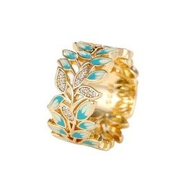 hsiyyecg Lucky Flower Tree Rings Italian Green Enamel Leaf Pattern Ring in 14k Yellow Gold Plated for Women,925 Sterling Silver Bamboo Leaves Ring（7）