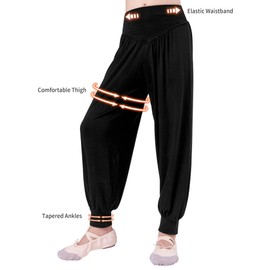 Phoeswan Black Harem Pants for Kids, Black Dance Pants for Girls 10-11 Years, for Yoga, Dance, Gymnastics