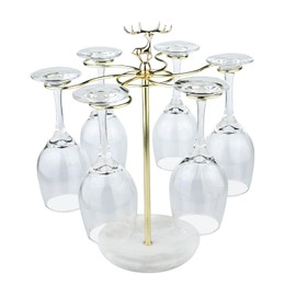 Wine Glass Holder, 6 Hooks Marble Base Stemware Rack Freestanding Tabletop Glass Storage Display Hanger for Kitchen Bar Dinning Room