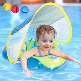 Baby Pool Float with Canopy: Baby Swimming Float with UPF50+ Sun Protection & Toy Play Steering Wheel with Patch Kit Baby Floaties for Infants 6-48 Months Qoosea Swim Float Blue