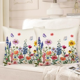 Fukeen Spring Flower Pillow Covers 22x22 Inch Set of 2 Colorful Herbs Plant Leaf Floral Daisy Butterfly Throw Pillow Covers Spring Summer Cushion Case Farmhouse Decorative Pillows for Couch Sofa