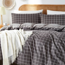 BOLINLIVING Plaid Duvet Cover Set King Size, Dark Grey Checkered King Bedding Duvet Cover with 2 Pillow Shams,Soft Breathable Bedding Comforter Cover for All Season with Zipper Closure 4 Ties