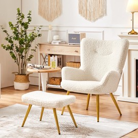 Topeakmart Sherpa Accent Chair with Ottoman Set, Boucle Armchair with Footstool, High Back and Metal Legs Living Room Bedroom Ivory