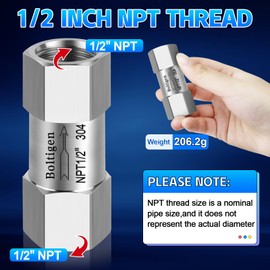 Boltigen 1/2inch NPT Spring Check Valve, Stainless Steel 304 One Way No Return Check Valve, Air Compressor Check Valve Backflow Prevent, Inline Poppet Check Valve for Horizontal, Vertical Installation