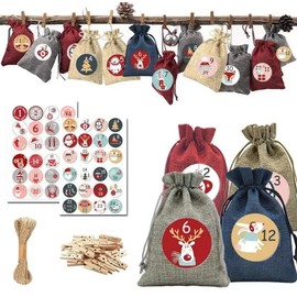 Minicoco 24PCS Christmas Advent Calendar Bag DIY Countdown Burlap Hanging Drawstring Gift Bag 24 Days, with Advent Numbers Stickers, Clips, Rope, for Christmas Decorations and Tree Gifts