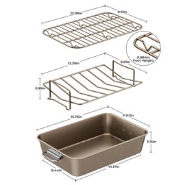 Armorbear Turkey Roasting Pan with Rack Non stick Carbon Steel Roaster 16x11 Inch, Dishwasher Safe, Deep Baking Broiler Pan for Oven Chicken, Bacon, Golden