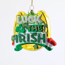 KURT ADLER GLASS "LUCK OF THE IRISH" HORSESHOE w/ SHAMROCKS CHRISTMAS ORNAMENT
