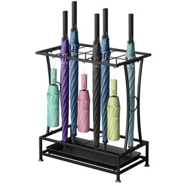 YOCOMEY Metal Umbrella Holder Stand with Removable Drip Tray, Industrial Free Standing Umbrella Rack Organizer for Entryway Home Office Patio Decor(10 Slots 8 Hooks, Black)