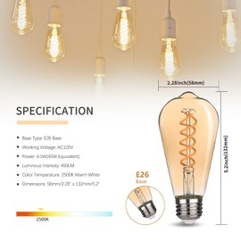 Austin Coast ST19/ST58 Vintage LED Edison Bulb,4.5W Warm White 2500K,Amber Glass Flexible Spiral LED Filament Light Bulb,450Lm Dimmable 4.5W Equivalent to 45W, E26 Base(4.5W-2500K-6 Pack)