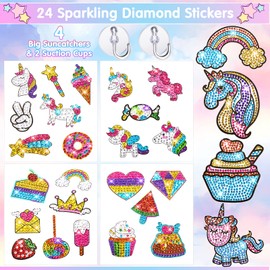 Gem Diamond Painting Kit for Kids, 24 Pieces DIY Diamond Painting Stickers, 4 Suncatchers and DIY Painting Tools to Create Your Own Diamond Stickers Cute Art Crafts for Girls Boys (Unicorn and Food)
