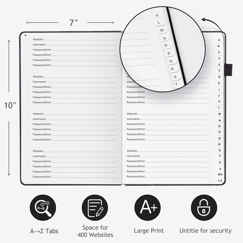 JUBTIC Password Book with Individual Alphabetical Tabs, 7"x10" Internet Password