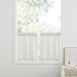 PONY DANCE Bistro Curtains Set of 2 Linen Curtains Boho Semi-Transparent W 60 x H 45 cm Panel Curtains Country House Style Short Curtain for Kitchen & Bathroom Window Caravan Curtain Linen Beige