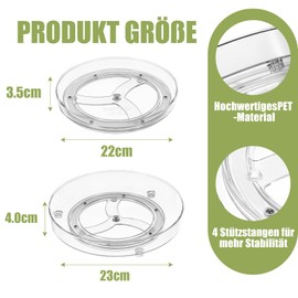 Famhap Turntable Fridge Organiser 22 + 23 cm, 360° Rotating Kitchen Spice Organiser, Plastic Rotating Plate for Spice Pantry Cabinet Bathroom Chest of Drawers, Transparent