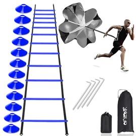 OFYDNR Speed Agility Ladder Training Set, 12 Rung 20Ft Agility Ladder, 12 Disc Cones, 4 Steel Stakes, Resistance Parachute with Carry Bag for Soccer Basketball Football Boxing Footwork Sports (Blue)