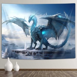 YDIDIAN Bule Dragon Tapestry, Medieval Fantasy Animals Cool Dragon Tapestry, Winter Snow Regions Art Aesthetics Wall Decor Tapestry Wall Hanging for Home College Dorm Living Room, Panels 90 x 70IN