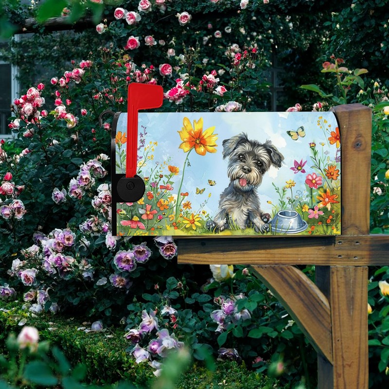 Baocicco Spring Schnauzer Mailbox Covers Cute Dog Flower Butterfly Grassland