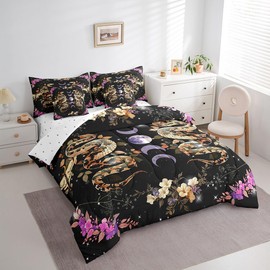 Homewish Gothic Snake Moth Kids Comforter Set 7 Piece Queen Size,Purple Moon Stars Galaxy Boho Reversible Quilt Set,Wild Animal Flowers Leaves Black Bedding Set with Comforter,Sheet,Pillowcase