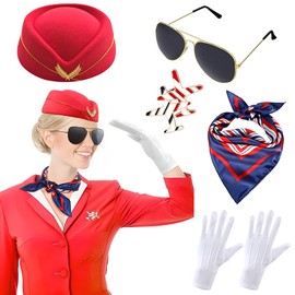 Pilot and Flight Attendant Accessories for Adult Men and Women Costume Accessory Stewardess Outfits Bellhop Hat Scarf Sunglasses Gloves (Red)