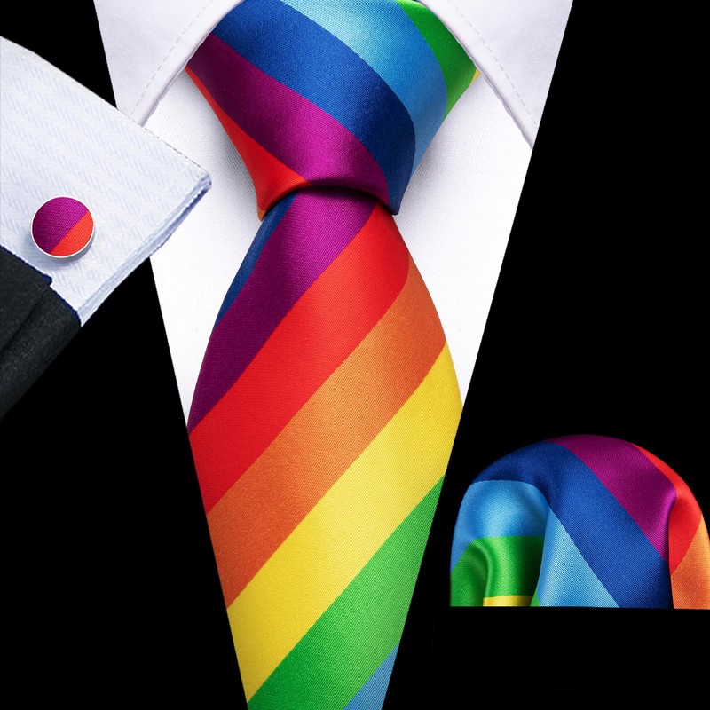 Barry.Wang Men Tie Set Rainbow Silk Necktie Pocket Square Cufflinks