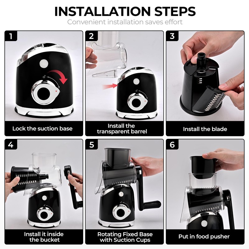SUSTEAS Rotary Cheese Grater with Handle,Vegetable Slicer with 6 Interchangeable