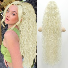 HIUSVO Ponytail Extension Claw 30 Inch Curly Pony Tail Clip in Claw Hair Extensions Fluffy Natural Looking Synthetic Hairpiece for Women - Color: Platinum Blonde