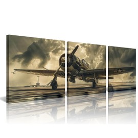 NAN Wind Vintage Aviation 3-Piece Canvas Art Set Retro Classic Warplane Paintings Printed on Waterproof Gallery-Wrapped Framed Canvas Nostalgic Military Aircraft Wall Decor for Home Decorators