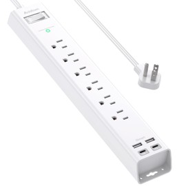 Power Strip Surge Protector - Addtam Extension Cord with 6 AC Outlets and 4 USB Ports (2 USB-C), Flat Plug Extension Cord, Wall Mount for Home, Office, College Dorm Essentials, ETL Listed, White