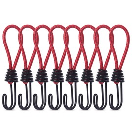 Hikeman 8 Pack 8mm Bungee Cord Hooks Black Anti-Rust Paint Spiral Wire Hooks with Separable Reflective Elastic Rope Heavy Duty Strapping Tape Hooks for Camping Trucks Boats (Red)