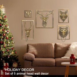 Newinhome Animal Heads Wall Decor (5pcs, Includes Metal Frame) Resin Animals Sculptures Head Wall Hanging Decoration Gold vintage Wall Sculpture for Living Room Bedroom Office