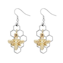 NOUMANDA Geometric Hexagon Silver Honeycomb with Gold Bee Earrings Charm Nature Women Jewelry