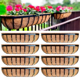 LaLaGreen Outdoor Wall Planter for Plants (8 Pack, 30 Inch) Large Black Metal Basket with Coco Liner, Long Window Flower Box Deck Railings Hanging Countryside Balcony Garden Fence Balcony Patio Rail