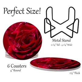 Red Roses Rose Round Coasters Set of 6 - Abosrbent Ceramic Coasters with Metal Stand for Drinks, Coffee, Non-Slip Cork Back for Tabletop Protection, 4 Inches (Red 2)