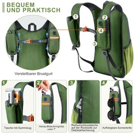 BECOJADDE 15L Hiking Backpack Men's Small Backpack Women's Lightweight Daypack Daypack Foldable Trekking Backpack for Camping Outdoor Hiking Travel, olive green