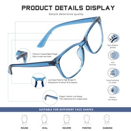 Jectieey Reading Glasses for Women Men - Anti Glare Computer Readers Blue Light Blocking Glasses,Sturdy Eyeglasses(Blue, 4.0)