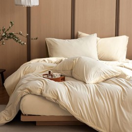 Luofanfei Cotton Bed Linen Beige 135 x 200 cm 4-Piece Plain Pattern Renforce Cotton Bed Linen Set Breathable Duvet Cover Single Bed and Pillowcases 80 x 80 cm Soft and Non-Iron