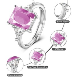 Eastlily 3.5ct Simulated 8*10mm Gemstone Birthstone Adjustable Rings 925 Sterling Silver Plated Emerald Cut Wedding Rings for Women, Promise for Her Engagement Rings, Jewelry Gifts Oct-Pink Tourmaline