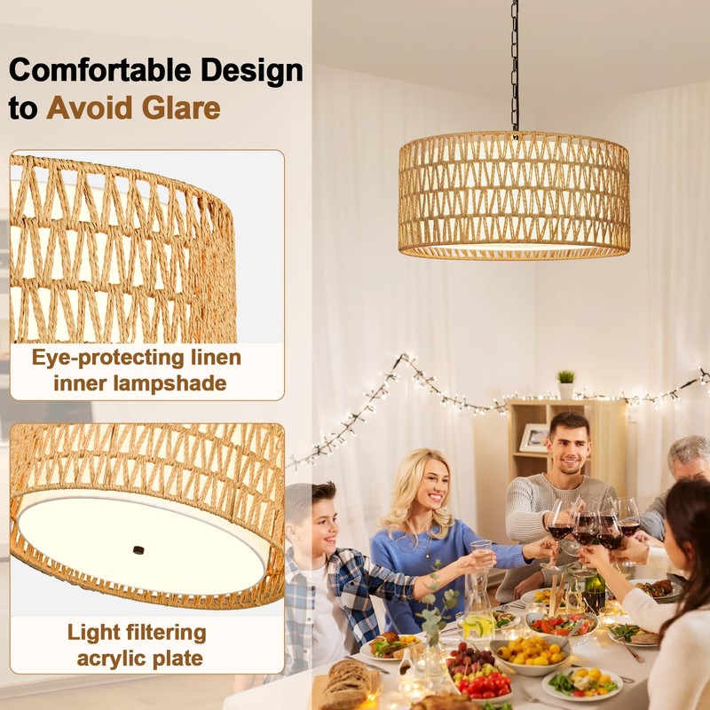 Farmhouse Chandeliers for Dining Room, Hand Woven 5-Light Rattan Pendant