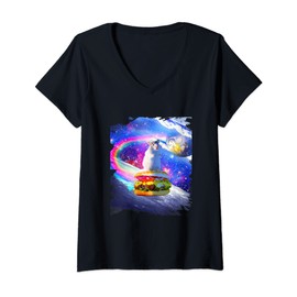 Womens Rainbow Space Hamster Riding Burger V-Neck T-Shirt