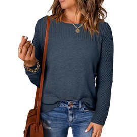 EVALESS Sweaters for Women 2025 Fashion Trendy Casual Crewneck Crochet Long Sleeve Cable Knit Lightweight Chunky Fall Winter Cute Pullover Clothes,Blue Large