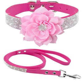 Serijoars Cute Dazzling Sparkling Elegant Fancy Soft Suede Leather Bling Rhinestone Crystal Jeweled Pet Cat Dog Puppy Collar Dog Leash Combo Set (XS: Neck fit 8.2-10.5", Hot Pink2)