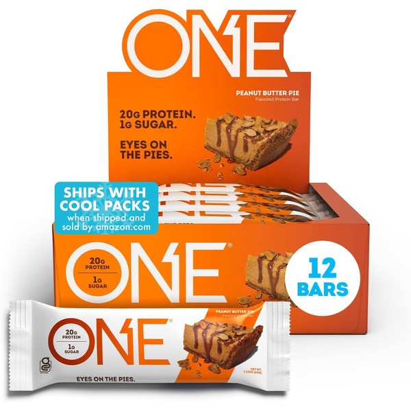ONE Peanut Butter Pie, New and Improved Recipe, Gluten Free Protein Bars with 20g Protein and only 1g Sugar, Guilt-Free Snacking for High Protein Diets, 2.12 oz (12 Count)
