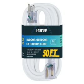 FNXPOW 50 ft Lighted Outdoor Extension Cord - 12/3 SJTW Heavy Duty White Extension Cable with 3 Prong Grounded Plug - 15AMP Power Cord for Lawn, Garden, Appliances