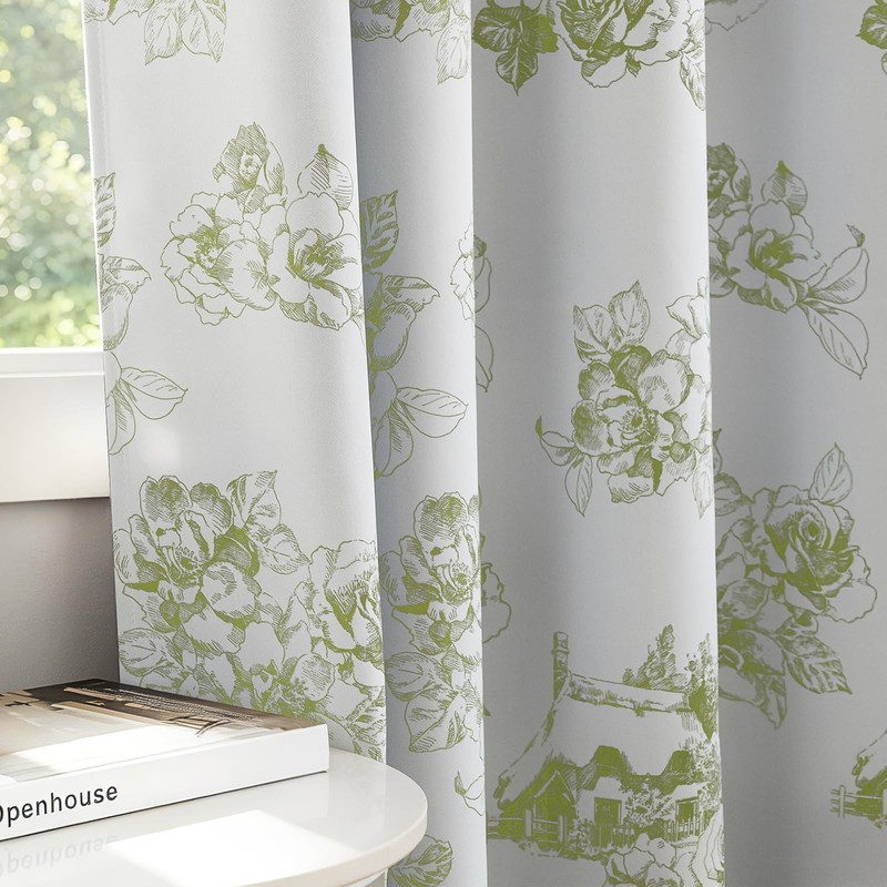 Green Vintage Floral Blackout Curtains Farmhouse Grommet 52x54 Inch