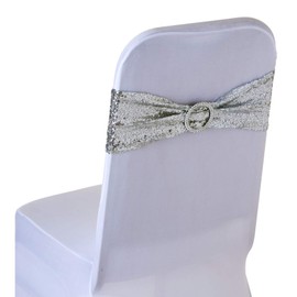 Weddecor Stretch Chair Bands Sequin Spandex Band with Slider Buckle for Wedding Party Chair Decoration, Events Supplies, Formal Meeting, Silver, 14 x 5 Inches, 1 Piece