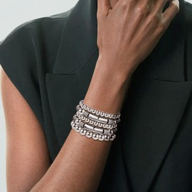 BONJOULRY Silver Bangle Bracelet Stackable for Women Chunky Bangles Beaded Bracelets Stacking Bead Ball Stretchy Bracelet Curved Bamboo Tube Beads Bracelets Gift 5PCS Silver