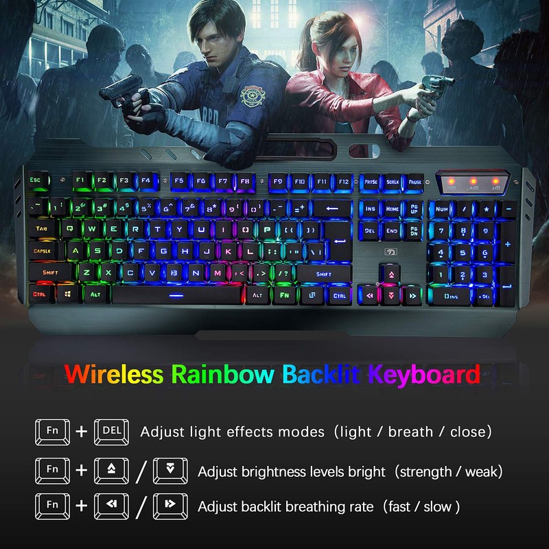 Wireless Gaming Keyboard and Mouse, Rechargeable, Rainbow Backlit with 3800mAh