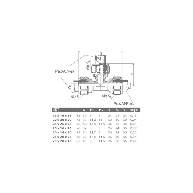 16x16x16mm PEX-AL-PEX Brass Compression Pipe Fittings TEE